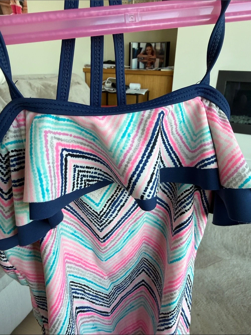 Girls' Navy Trim Pink Chevron One-Piece Swimsuit